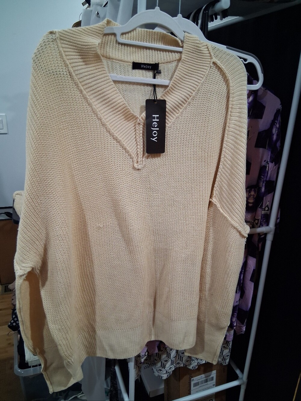 Cream V-Neck Knit Sweater for Women